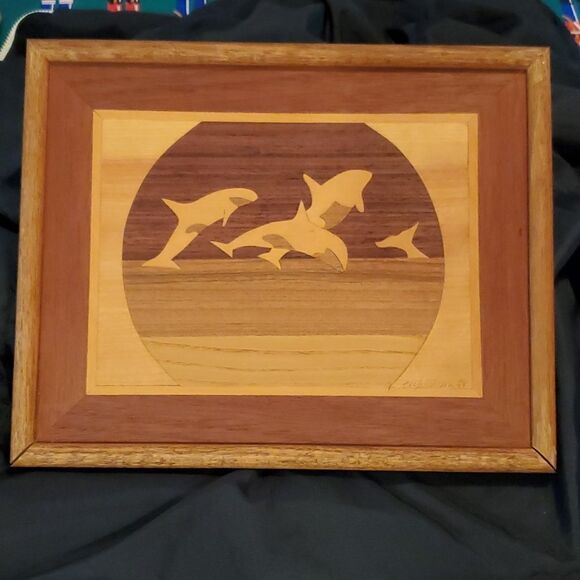 Vintage Yukon Collection Fine Alaskan Marquetry Whale Pod Wood Picture - Picture 1 of 10